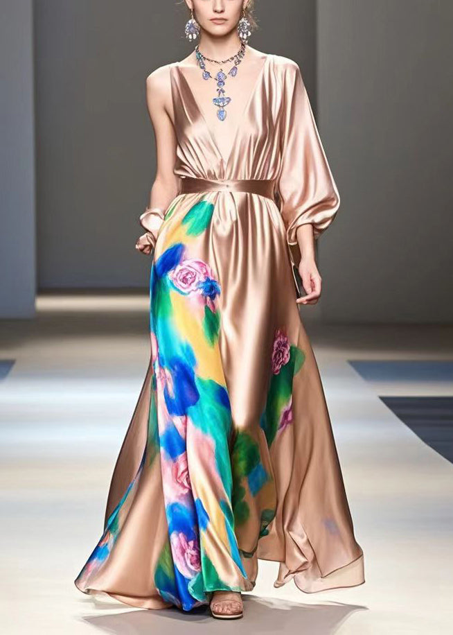 Brown Print Exra Large Hem Silk Long Dress Fall