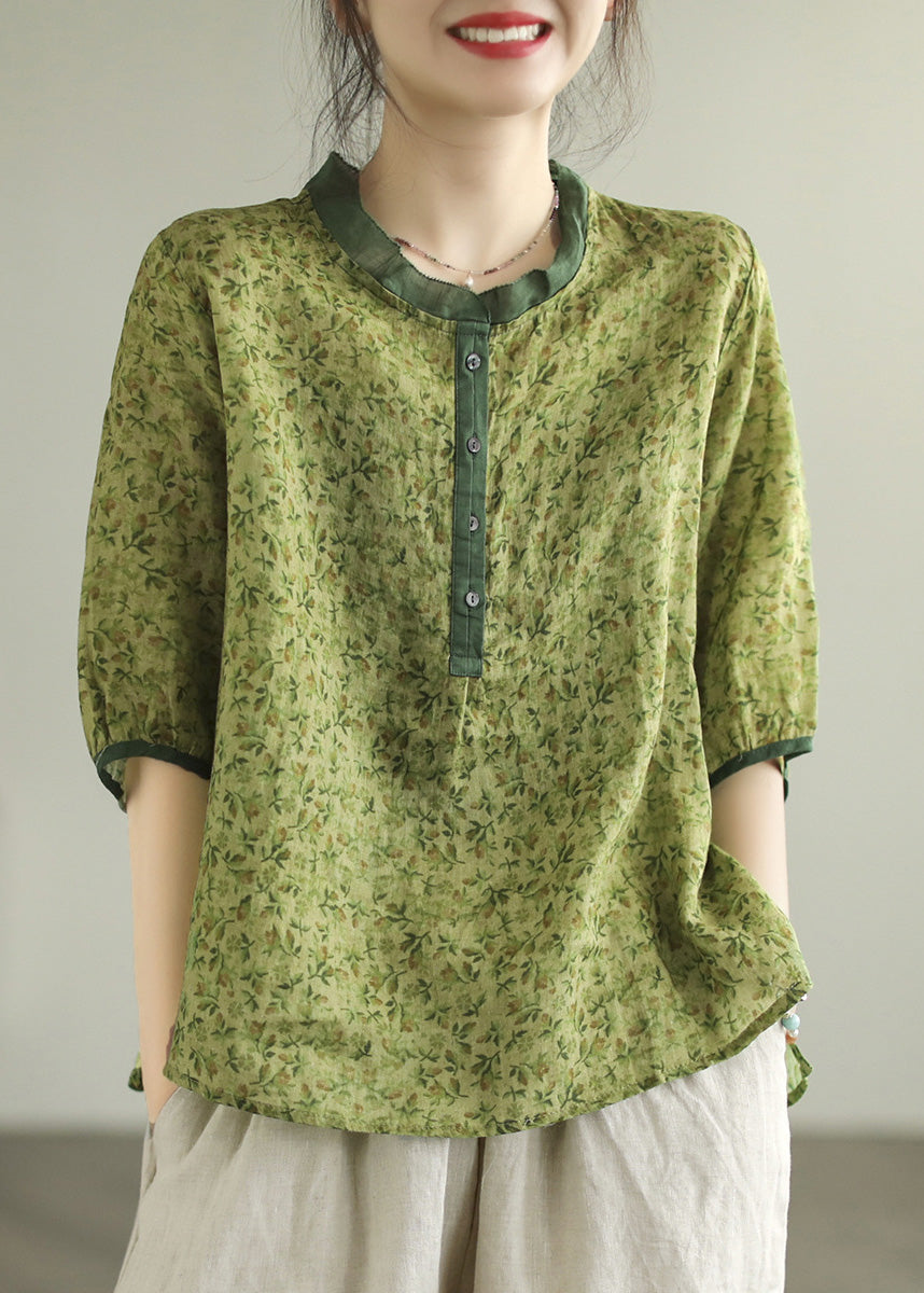 Red Ruffled Print Button Low High Design Ramie Shirt Summer