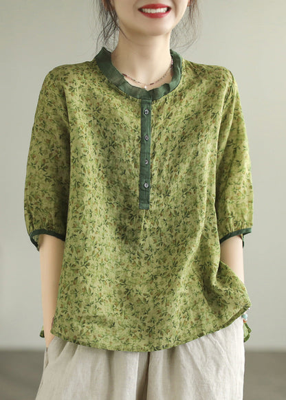 Red Ruffled Print Button Low High Design Ramie Shirt Summer