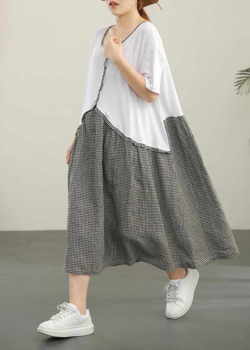 Organic White Patchwork Plaid Cotton Linen Holiday Dress Summer