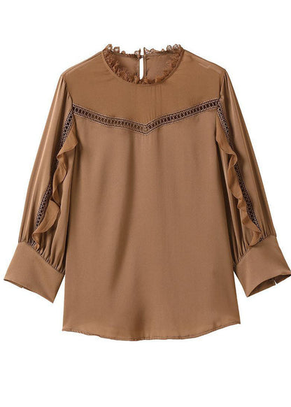 Khaki Ruffles Patchwork Hollow Out Chiffon Shirt Tops Bracelet Sleeve