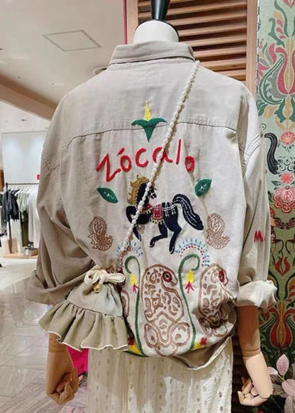French Light Grey Embroidered Cotton Coat Long Sleeve