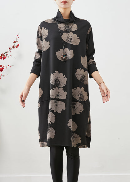 Black Turtle Neck Print Cotton Dresses Fall
