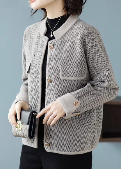 French Grey Print Button Woolen Coats Fall