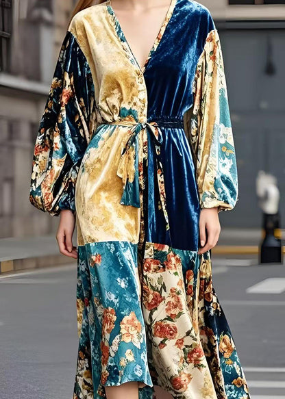 French Colorblock Tie Waist Patchwork Silk Velour Vacation Dresses Spring