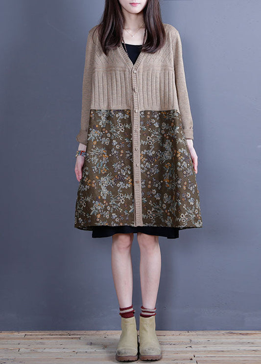 Simple Khaki V Neck Patchwork Knit Loose Cardigans Spring