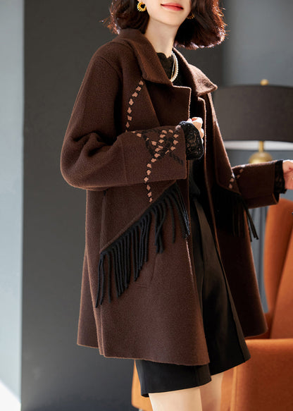 Chocolate Tasseled Patchwork Woolen Coat Outwear Spring