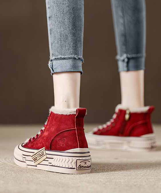 Splicing Platform Flats Red Cowhide Leather Fuzzy Wool Lined