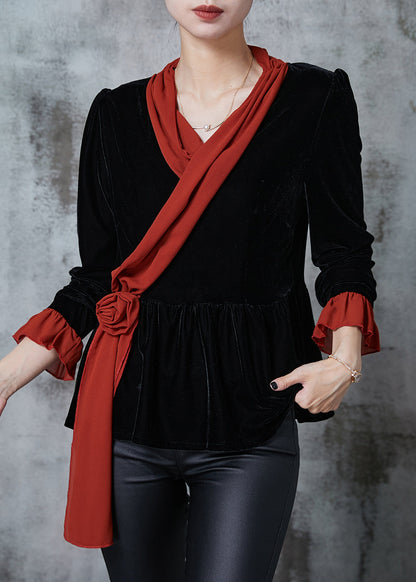 Black Silm Fit Patchwork Silk Velour Blouses Fall