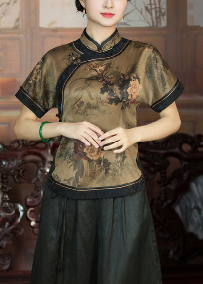 Dark Khaki Button Print Patchwork Silk Shirts Summer