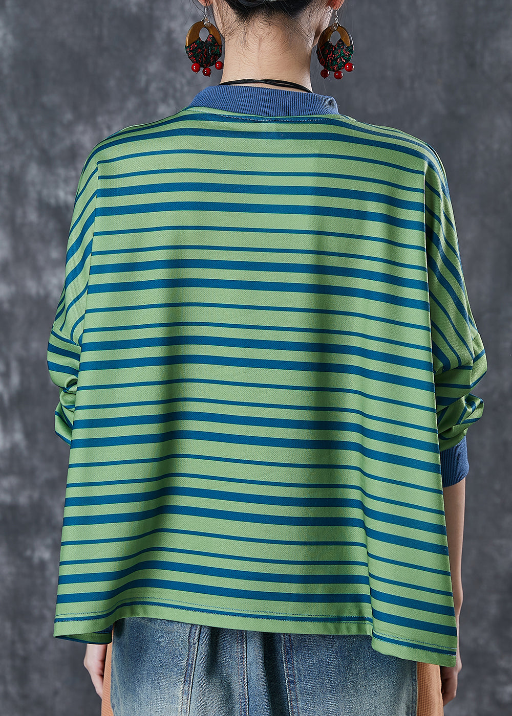 Style Green Oversized Striped Cotton Sweatshirt Spring