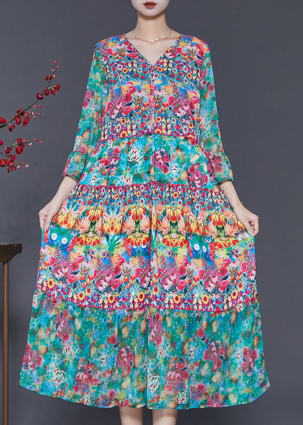 Green V Neck Print Silk Holiday Dress Summer