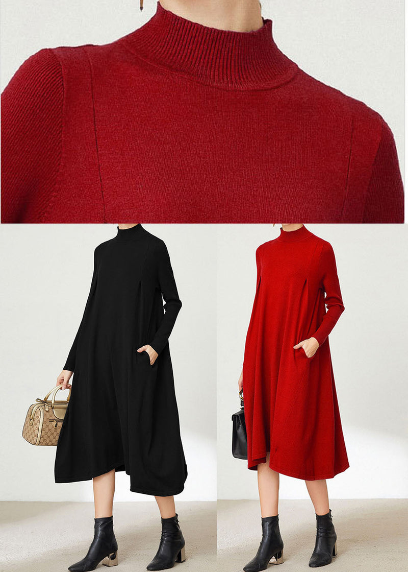 Loose Black Turtle Neck Color Exra Large Hem Knitwear Dress Long Sleeve