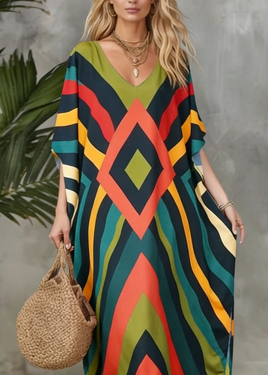 O Neck Geometric Print Cotton Long Dress Spring