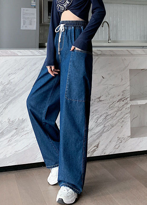 French Navy Elastic Waist Big Pockets Cotton Wide Leg Pants Summer