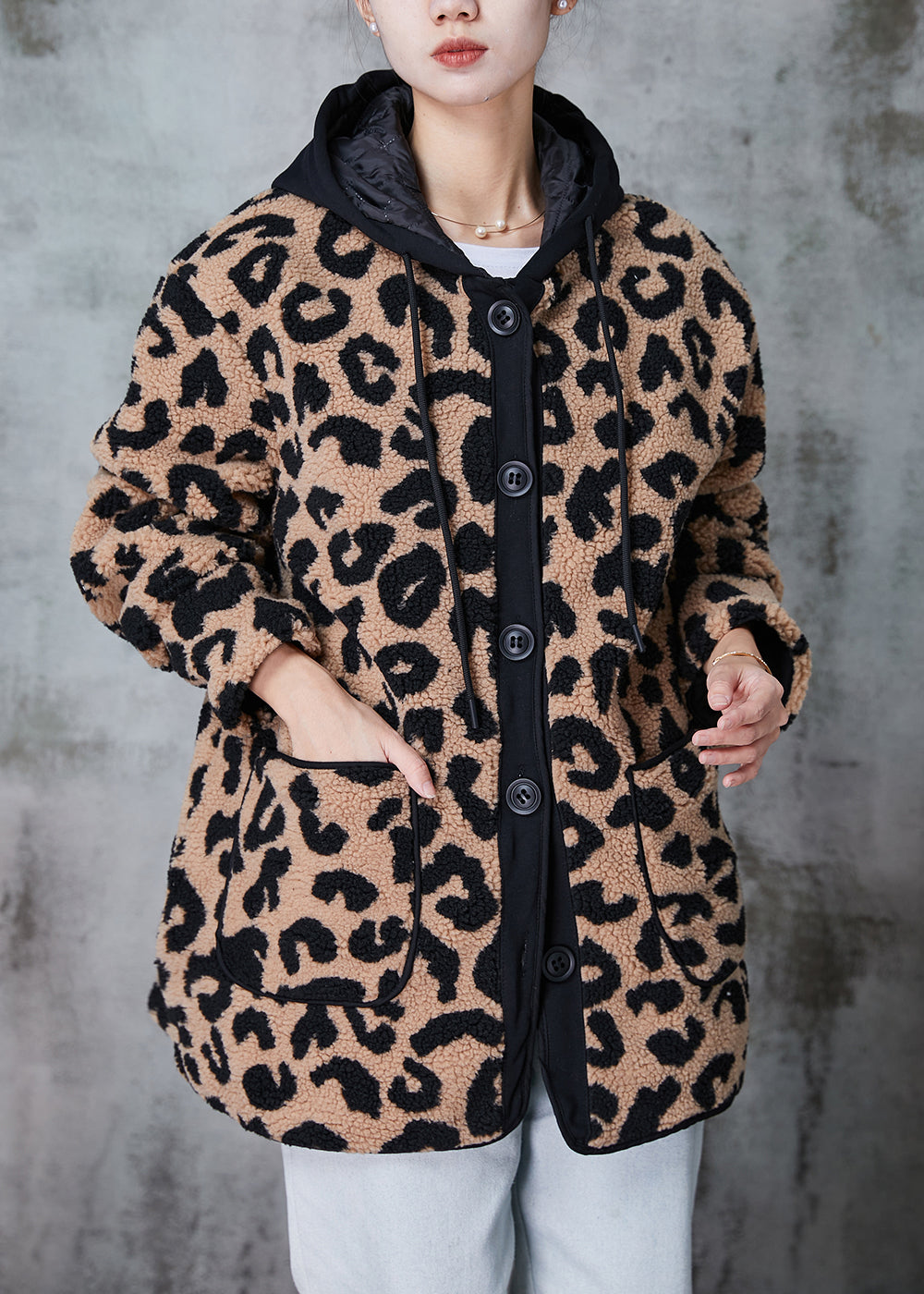 Khaki Hooded Leopard Print Fine Cotton Filled Faux Fur Coat Winter
