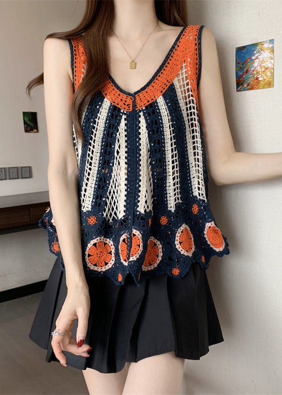 Italian Orange V Neck Knit Vests Summer