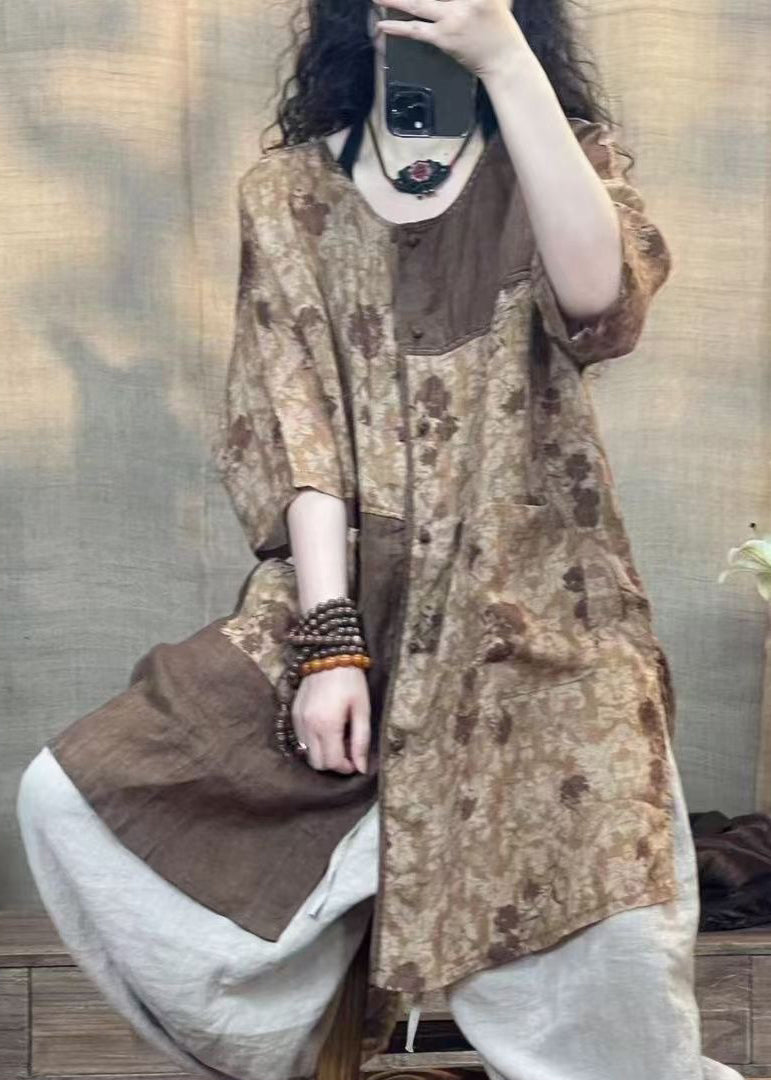 Coffee O-neck Print Patchwork Patch Shirt Bracelet Sleeve
