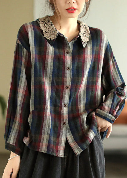 Colorblock Plaid Lace Patchwork Cotton Shirts Spring