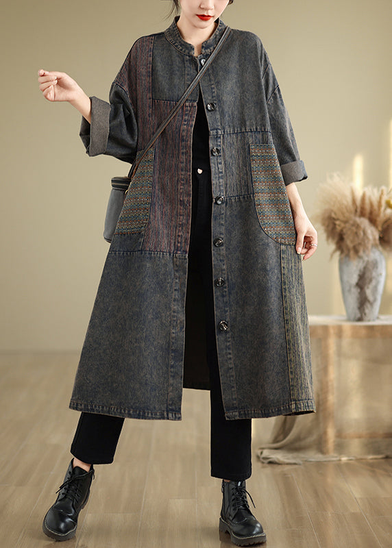 Black Stand Collar Pockets Patchwork Long Trench Coat Fall