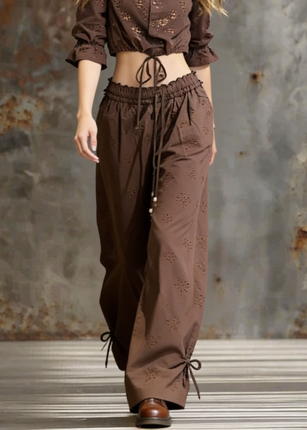 Coffee Lace Up Ruffled Cotton Two Pieces Set Spring