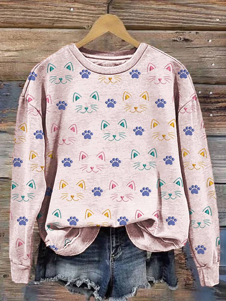 Cute Cat Embroidery Pattern Casual Cotton Sweatshirt elevenforest