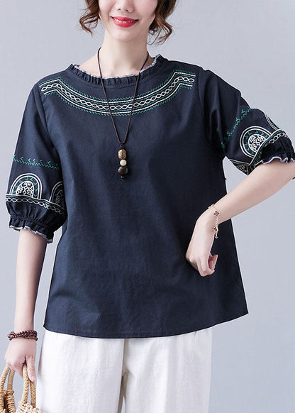 Navy Original Design Ruffled Embroideried Cotton Top Lantern Sleeve