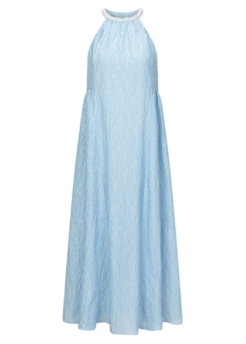 Jacquard Blue Halter Beading Maxi Dress Summer