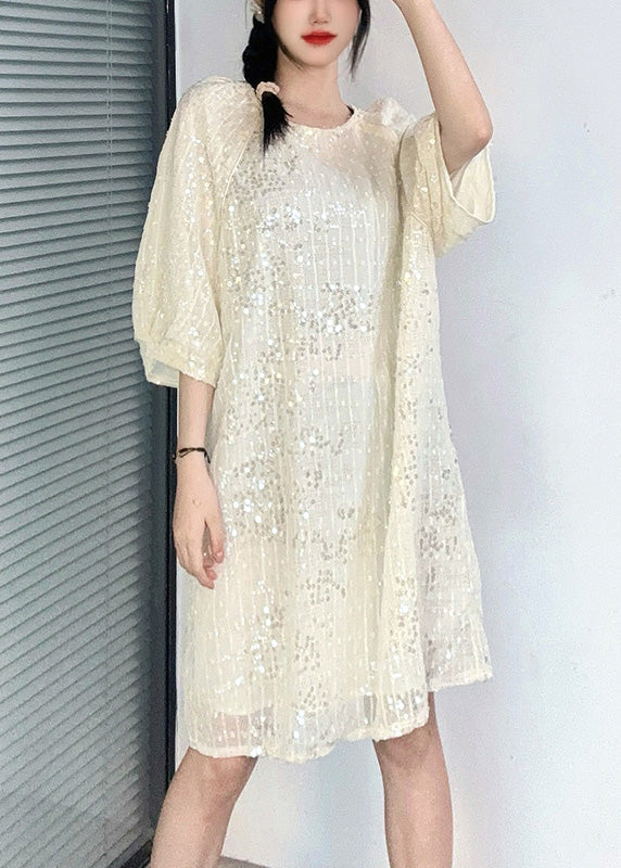 New Apricot O-neck Sequins Patchwork Dresses Summer