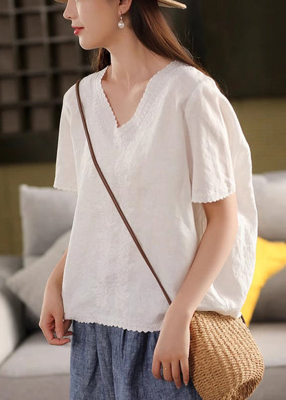 Purple Loose Linen Summer T Shirts Embroidered
