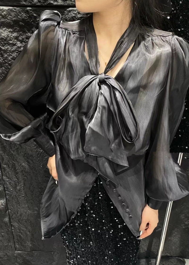 Black Button Silk Shirt Bow Long Sleeve