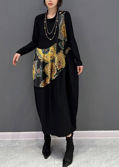 Simple Black O-neck Print Vacation Dresses Fall