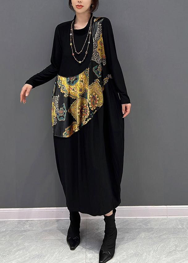Simple Black O-neck Print Vacation Dresses Fall