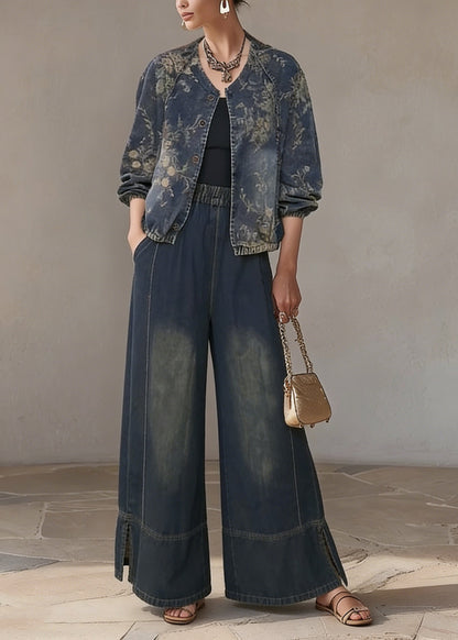 O Neck Print Denim Two Piece Set Outfits Spring