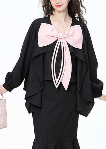 Black O-neck Bow Chiffon Shirt Long Sleeve