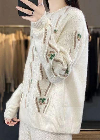 Beige O Neck Hollow Out Cozy Wool Sweaters Spring