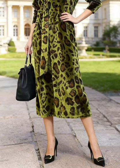 French Green V Neck Leopard Print Velvet Dress Spring