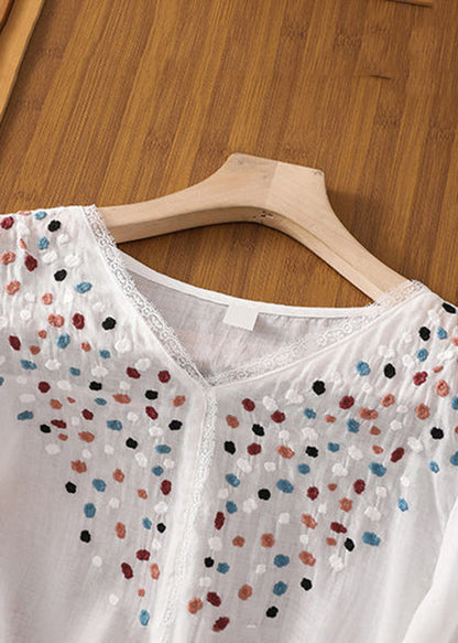 White Embroideried Patchwork Lace Linen Shirt Short Sleeve