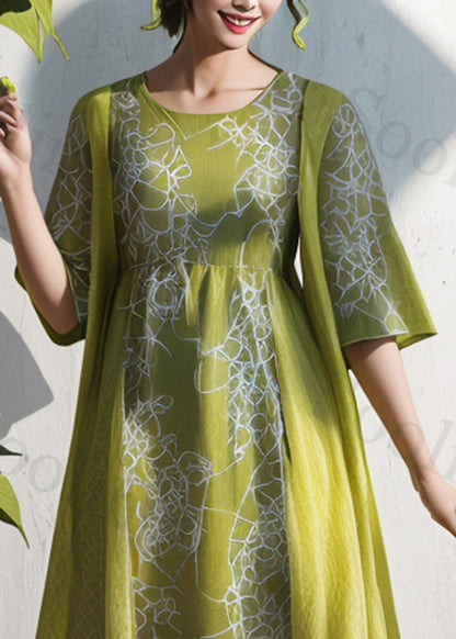 Handmade Grass Green Print Patchwork Silk Holiday Dress Summer