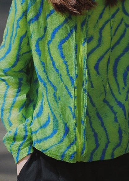 Green Zip Up Print Cotton Coat Fall
