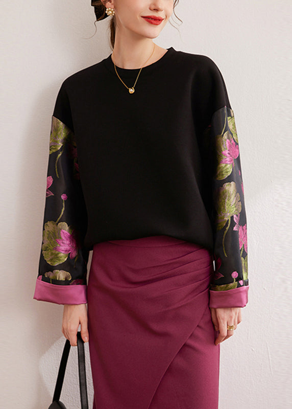 Black O-neck Print Silk Cotton Pullover Fall