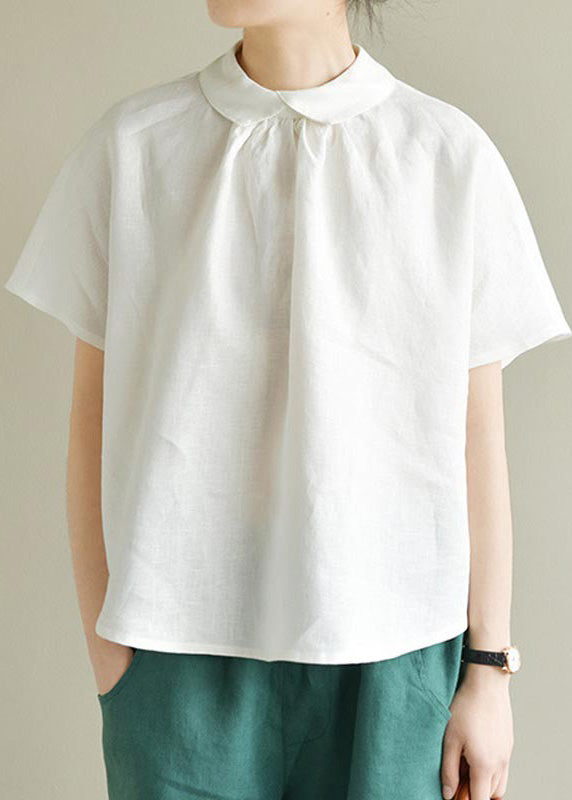 Simple White Peter Pan Collar Linen Shirt Summer