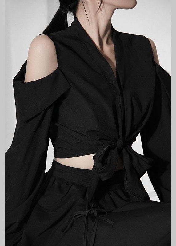 Organic Black Cold Shoulder V Neck Long Sleeve Top