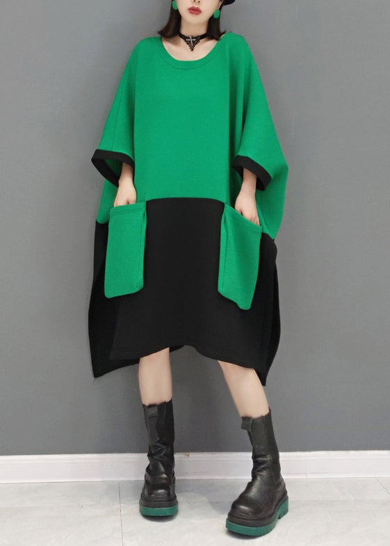 Green O Neck Pockets Patchwork Cotton Mid Dresses Fall