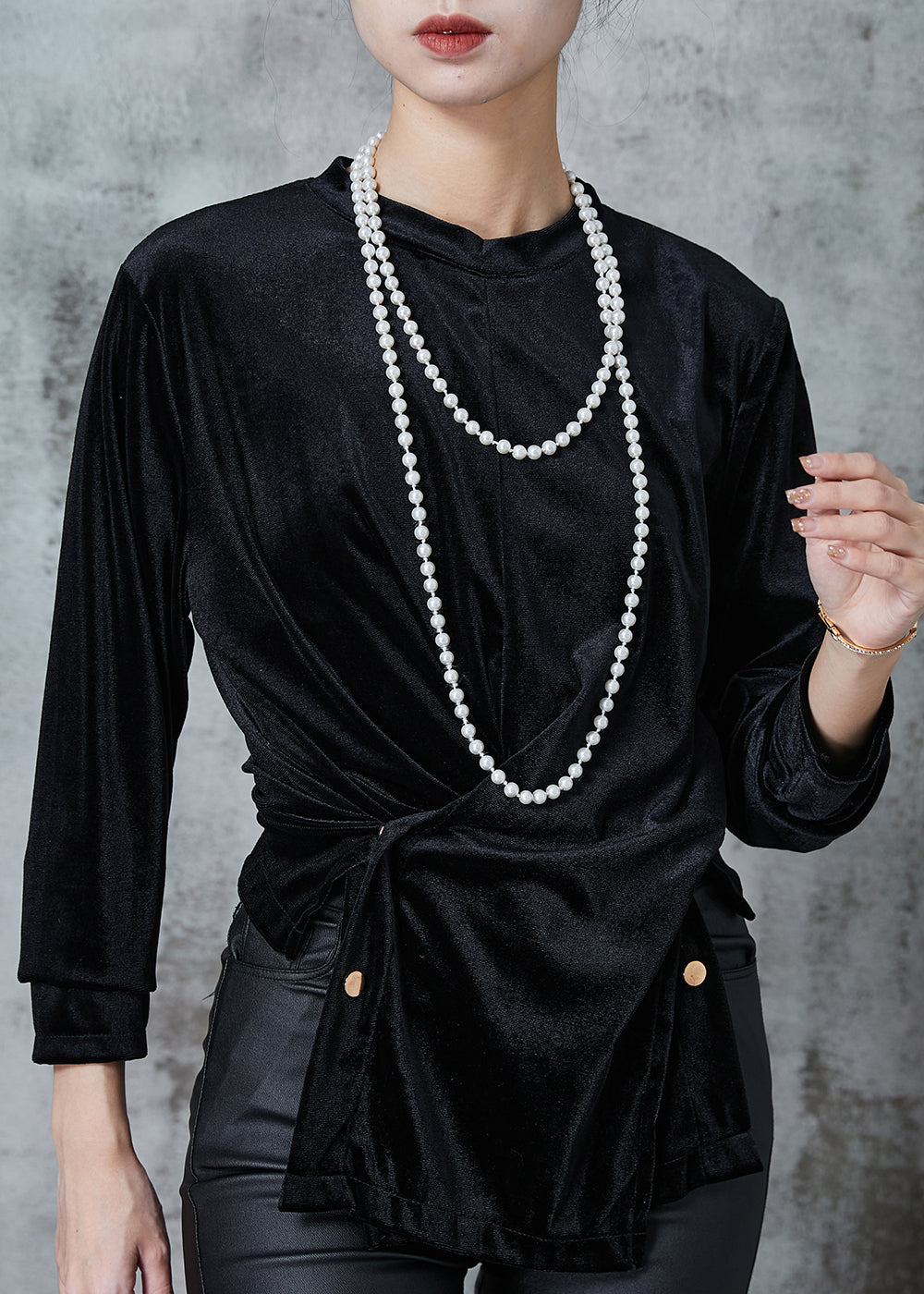 Black Asymmetrical Silm Fit Silk Velour Shirts Spring