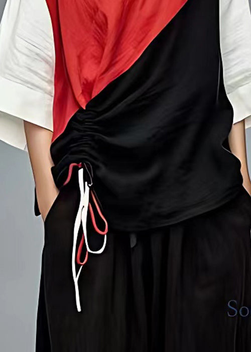 Red Lace Up Patchwork Cotton T Shirt Bracelet Sleeve