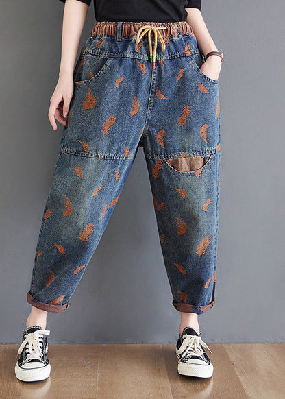 Blue Pockets Print Elastic Waist Harem Pants Summer