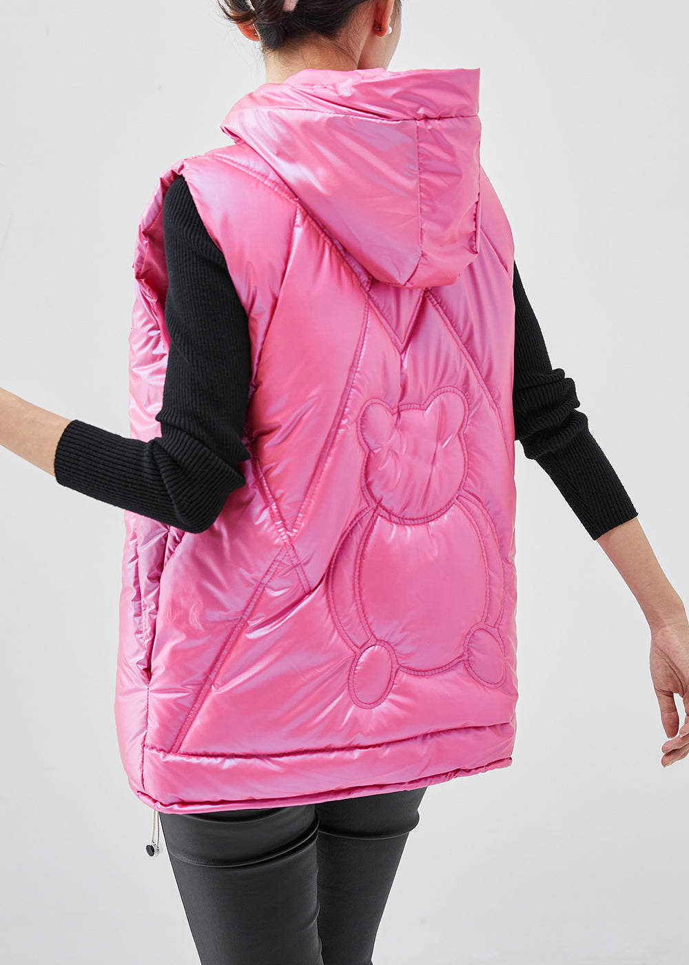 Handmade Pink Hooded Drawstring Fine Cotton Filled Vests Winter