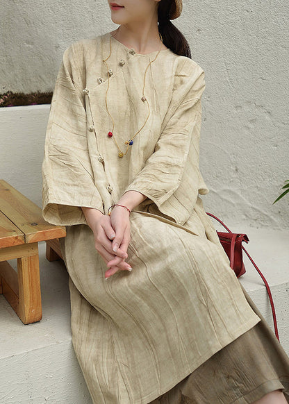 Beige O Neck Oriental Button Patchwork Cotton Dress Fall