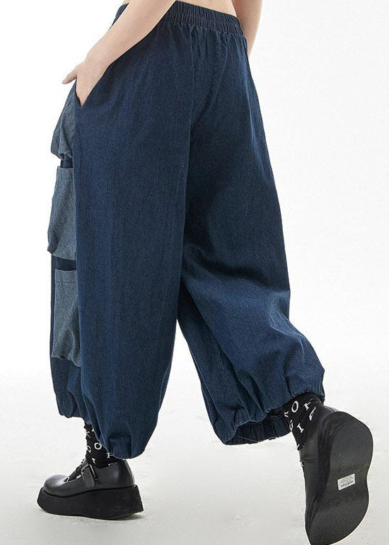 Blue Pockets Patchwork Harem Pants Spring